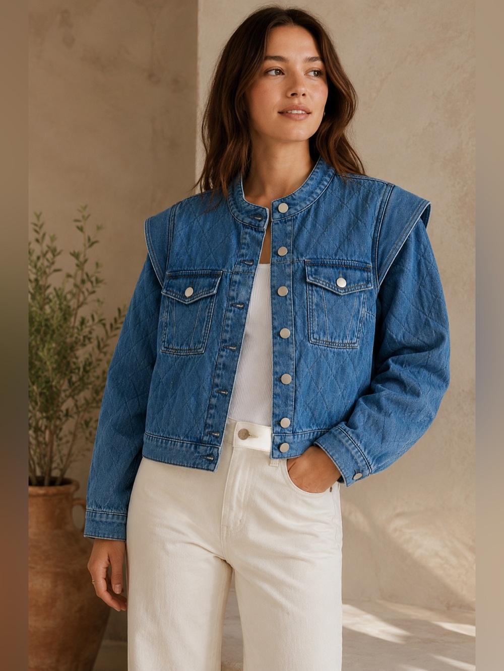Dear John Anthropology Courtney Quilted Denim Jacket Large Crescent Blue Cropped
